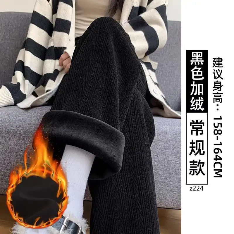 Autumn Winter 2024 All-match Fleece Wide Leg Pants Female Casual Solid Color Elastic Waist Trousers Women Clothes Thick Pants