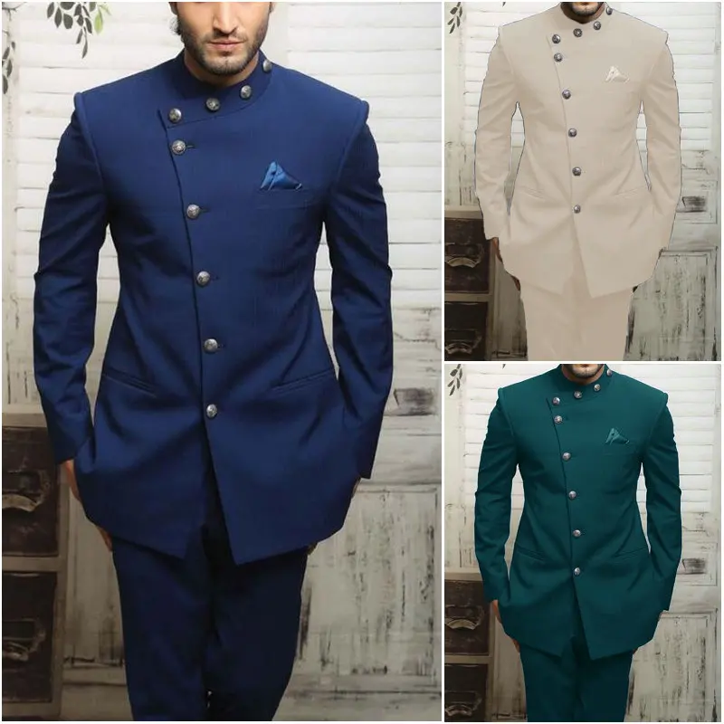 

2024 Navy Blue Indian Design Men Suit Terno Masculino Slim Fit Formal Blazer Business Wedding Best Man Groom Suits 2 Pieces