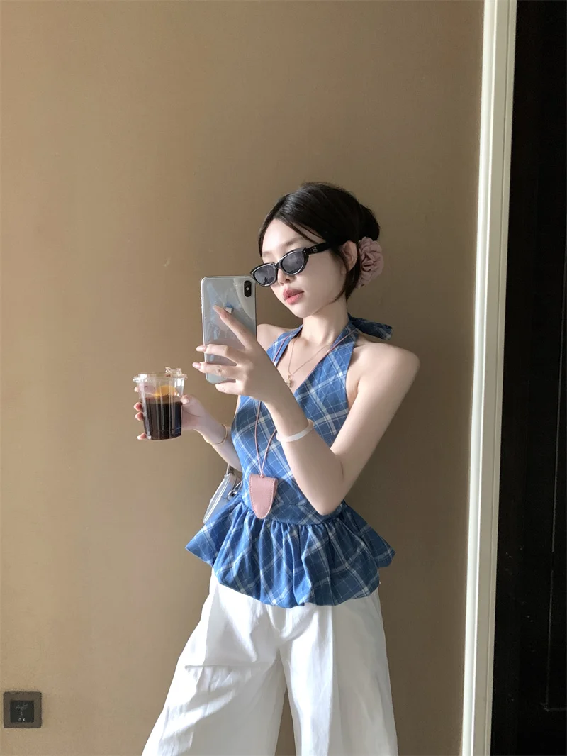 

Kumikumi Design, летний клетчатый жилет, женская утягивающая верхняя одежда, повседневный модный топ из полиэфирного волокна