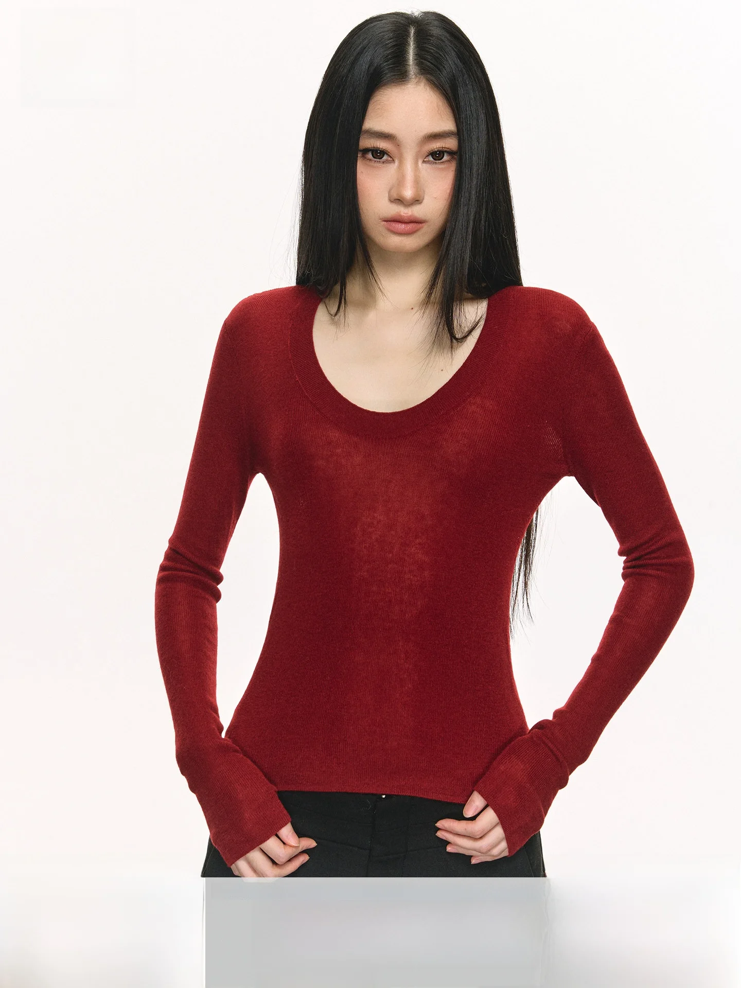 

Anna Aneae New Year Red Long Sve Basic U-Ne T-irt Women's Spring Slimming Versatile Trendy Casual Sle Pure Color Top