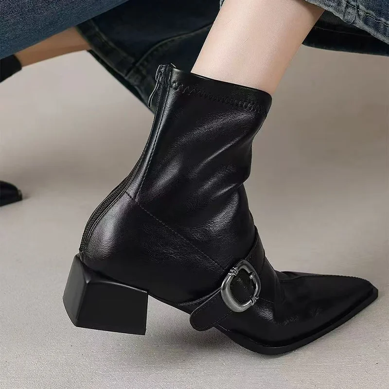 Botki damskie na obcasie ze szpiczastym noskiem, skórzane buty na średnim obcasie, trend zima 2025, gotyckie botki, czółenka, buty do chodzenia, retro Mujer Botas