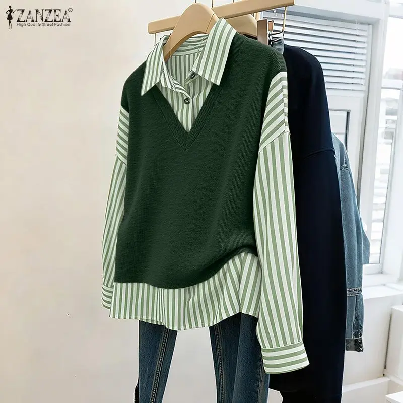 

ZANZEA Fashion Elegant Shirts Women Lapel Striped Blouse 2025 Office Lady Tops Patchwork Casual Long Sleeve Tunic Oversize Blusa