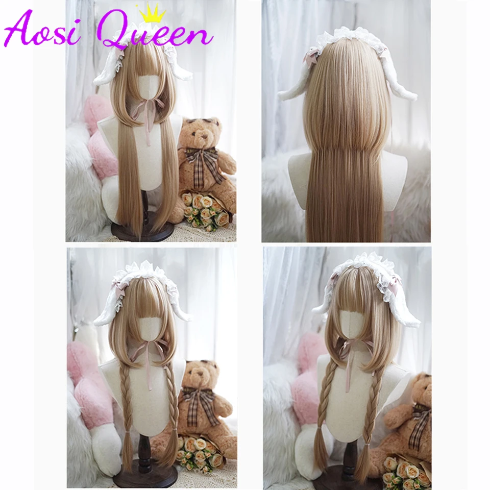 AOSI Roman Curly Synthetic Lolita Long Curly Hair With Bangs Golden Anime Wig Oberl Woman Party Cosplay Wig