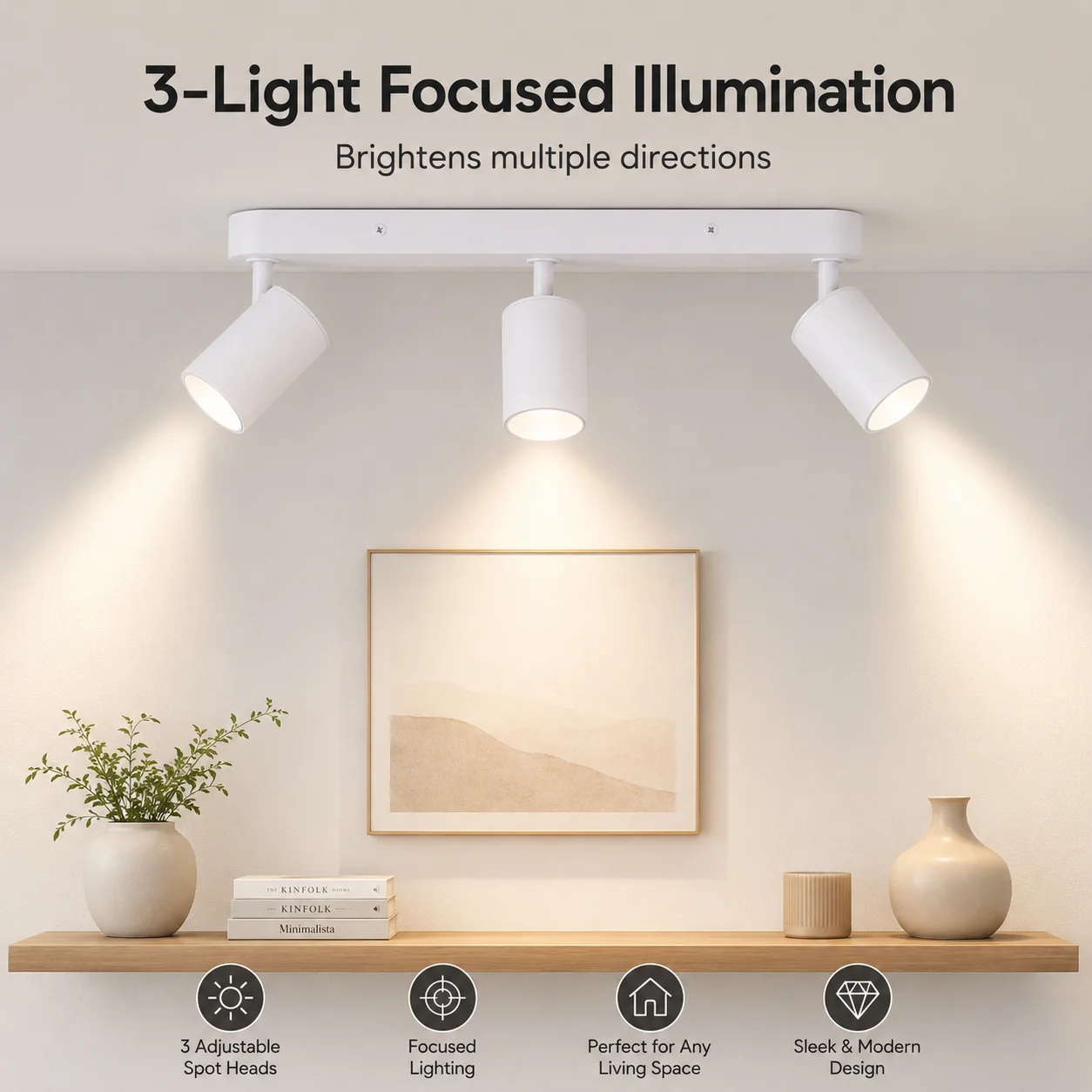 JOYINLED GU10 White Surface Mount Linear Accent Light 3-Light Rotatable Ceiling Spotlight for Living Room Gallery Hallway Decor