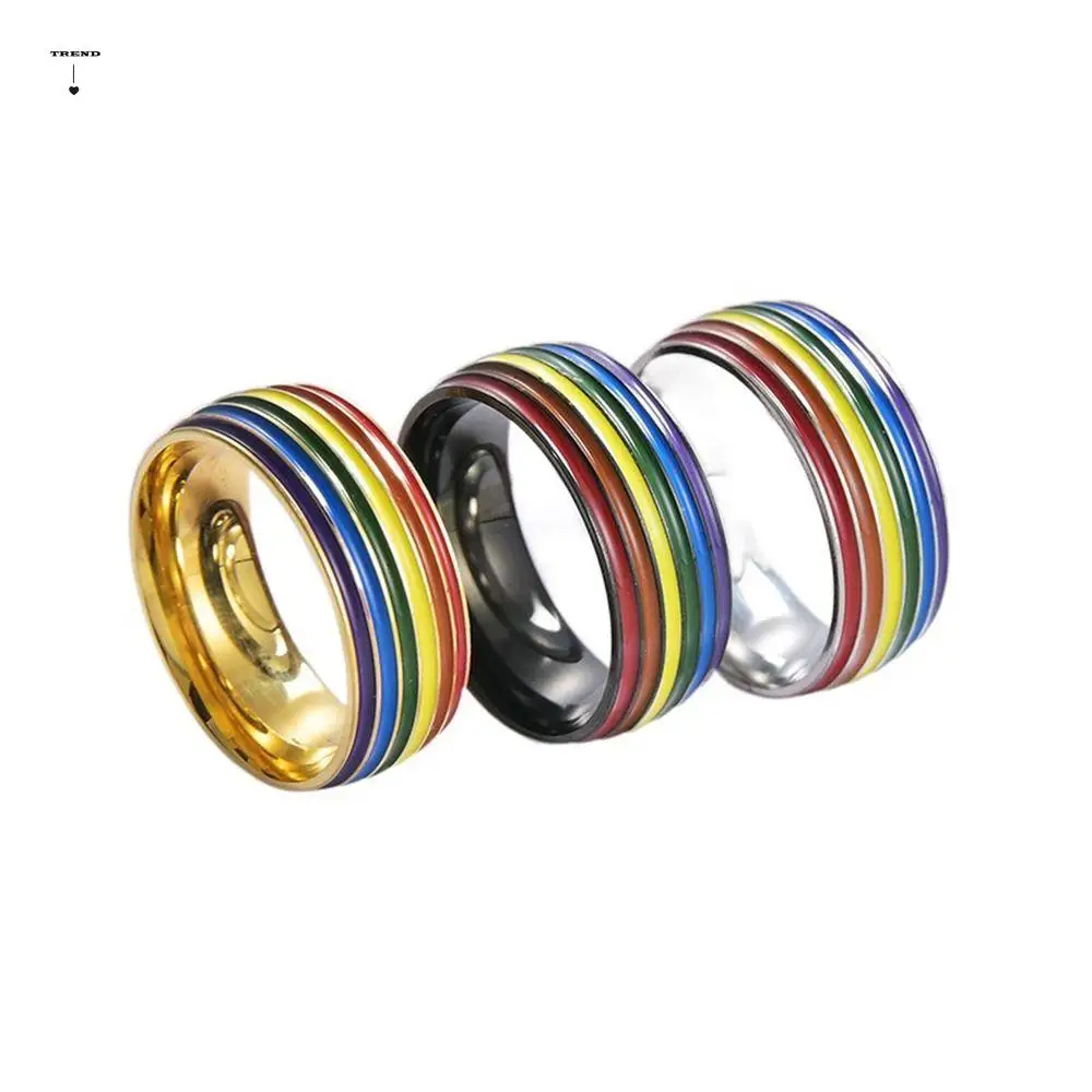 Stainless Steel Multicolour Rainbow Rings Enamel Rainbow Stripe Unisex Couple Rings Comfort fit Thick Finger Knuckle Bands Men