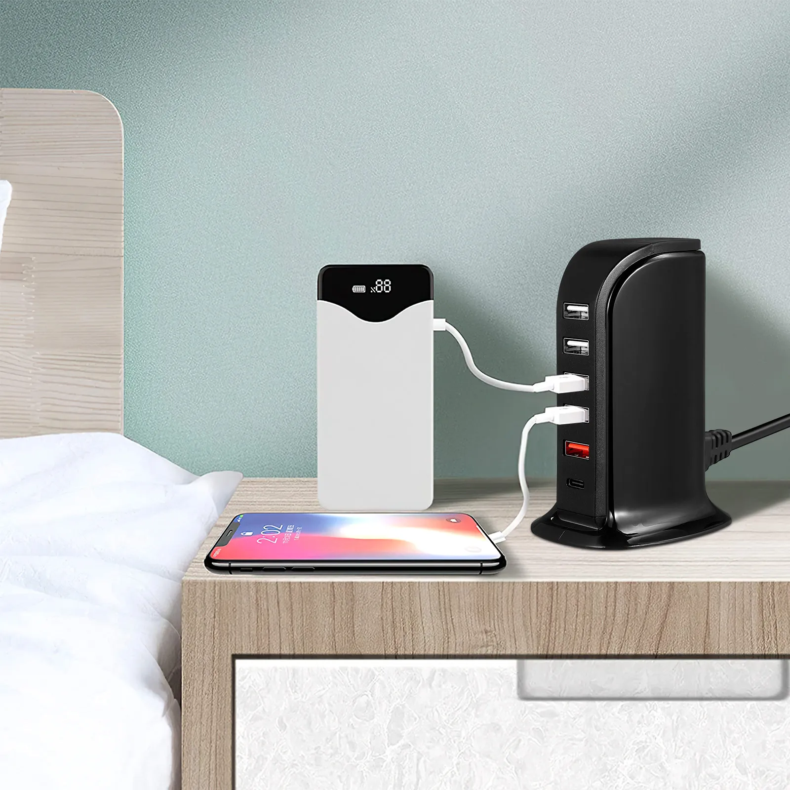 40wマルチポートusb充電器急速充電ステーション110-240v-acブラックコンパクトデスクトップタワー複数デバイス用usb充電