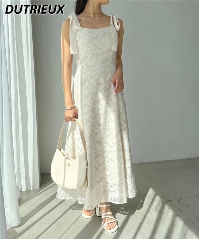 

Summer New Japanese Style Detachable Bow Tied Spaghetti-Strap Maxi Dress Sweet Girl Cinched Sleeveless Beach Long Dresses