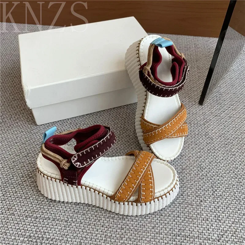 

Summer New Round Toe Natural Kid Suede Wedge Heels Sandals Women Narrow Band Design Sewing Thick Sole Casual Beach Shoes 2024