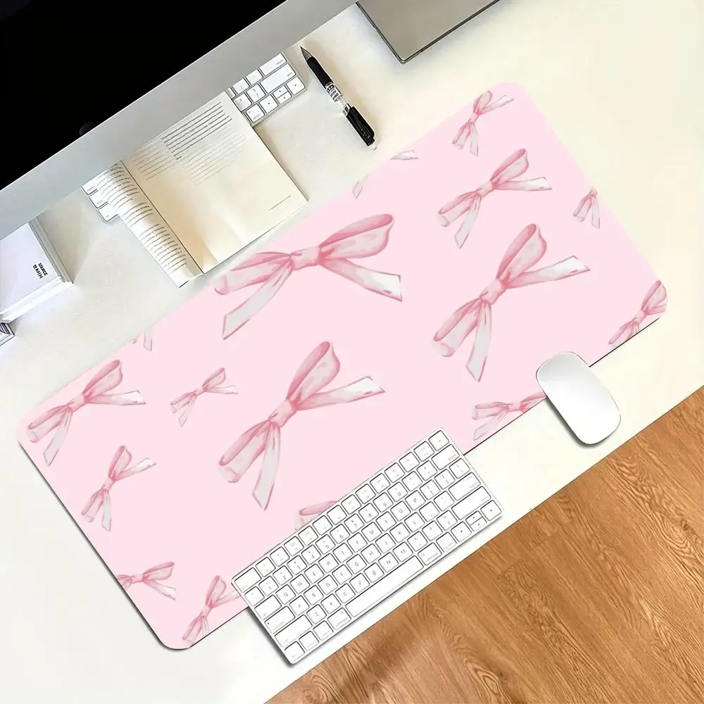 Pink Bow Ribbon Print Large Gaming Mousepad Non-slip Rubber Base Stitched Edge Office Keyboard Workstation Canvas