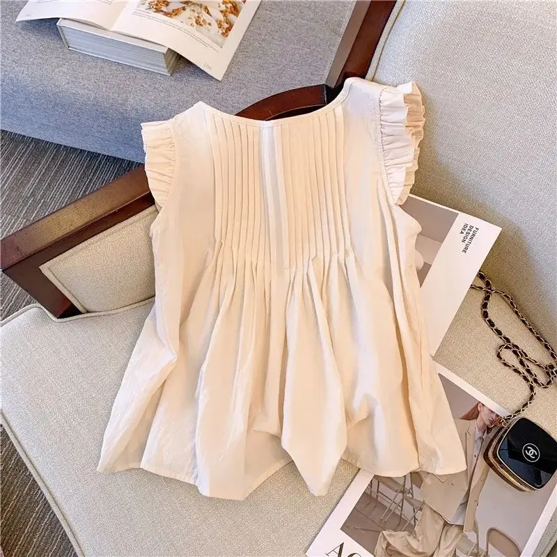 European Flying Sleeves Chiffon Shirt Vest 2024 Summer New French Beautiful Small Shirt Ruffle Edge Sleeveless Top