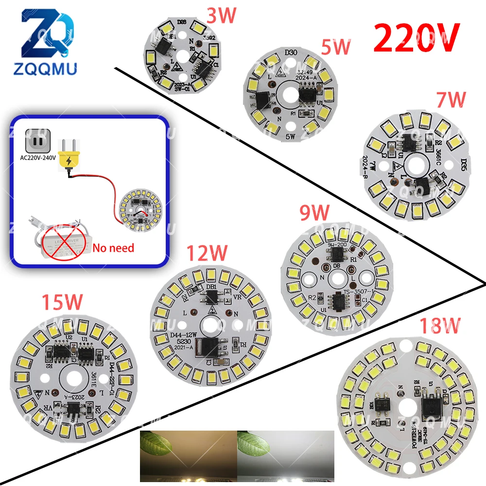 5PCS AC220V Driverless LED Chip Module 3W 5W 7W 9W 12W 15W 18W Round SMD PCB Board for DIY Wall Lamp Porch Basement Lighting Kit