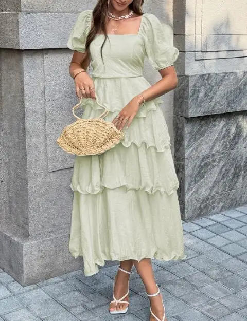 

Spring/Summer 2026 Women's Casual Elegant Square Neck Bubble Sleeve Dress Fashionable Chic Maxi Dress for Women