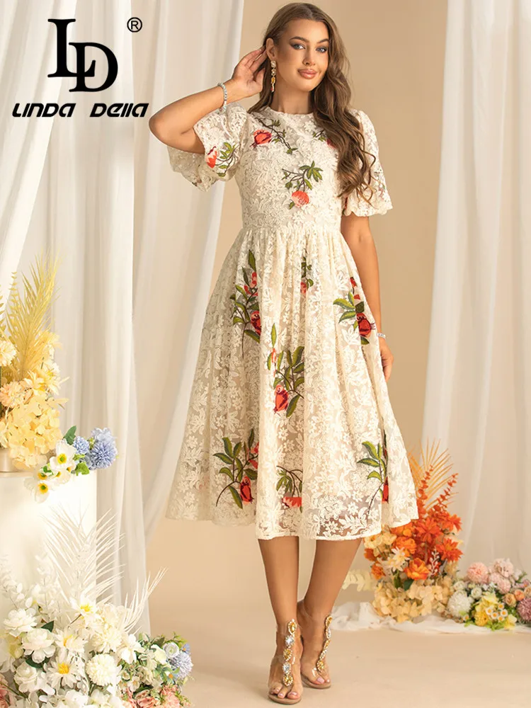 LD LINDA DELLA New style Embroidery Design Women\'s Dress Puff Sleeve High waist Autumn Large swing Ball Gown Dresses