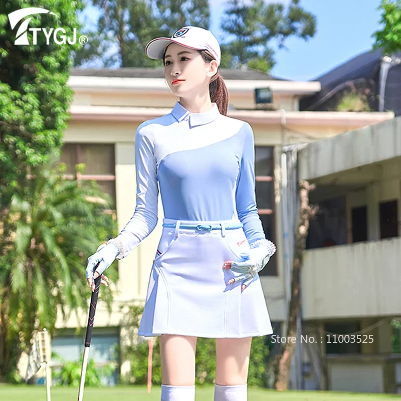 TTYGJ Women Elastic Golf Polo Shirt Ladies Patchwork Full Sleeve T-shirt Women Quick Dry Slim Workout Tops Zipper Golf Clothing
