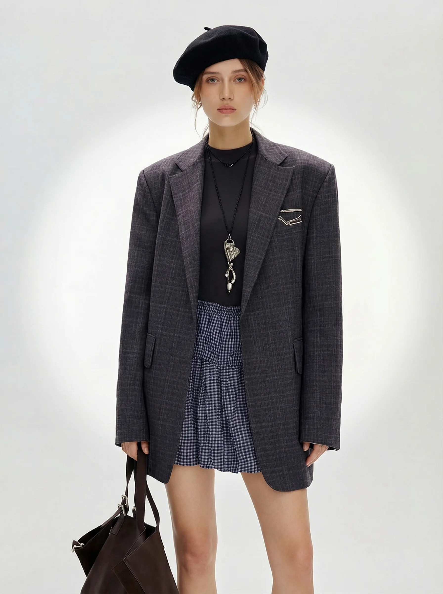 

BW Loose Women's Suit Jaet oulder Pad Wide oulder Plaid Pattern Casual Sle Long Sve Mid-Length Coat with Button