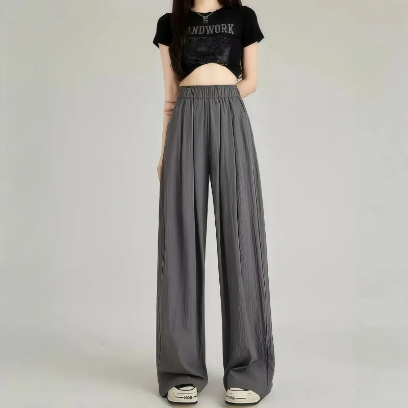 Women Elastic Waist Narrow Wide Leg Pants Breathable Draped Floor Length Casual Straight Summer Sweatpants Petite