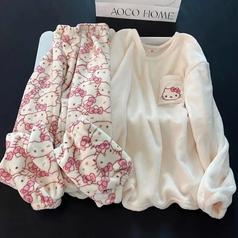 Pajamas New Anime Sanrio Hello Kitty Women's Coral Velvet Thickened Warm Home Clothes Sweet Fashion Student Pajamas 2-Piece Set