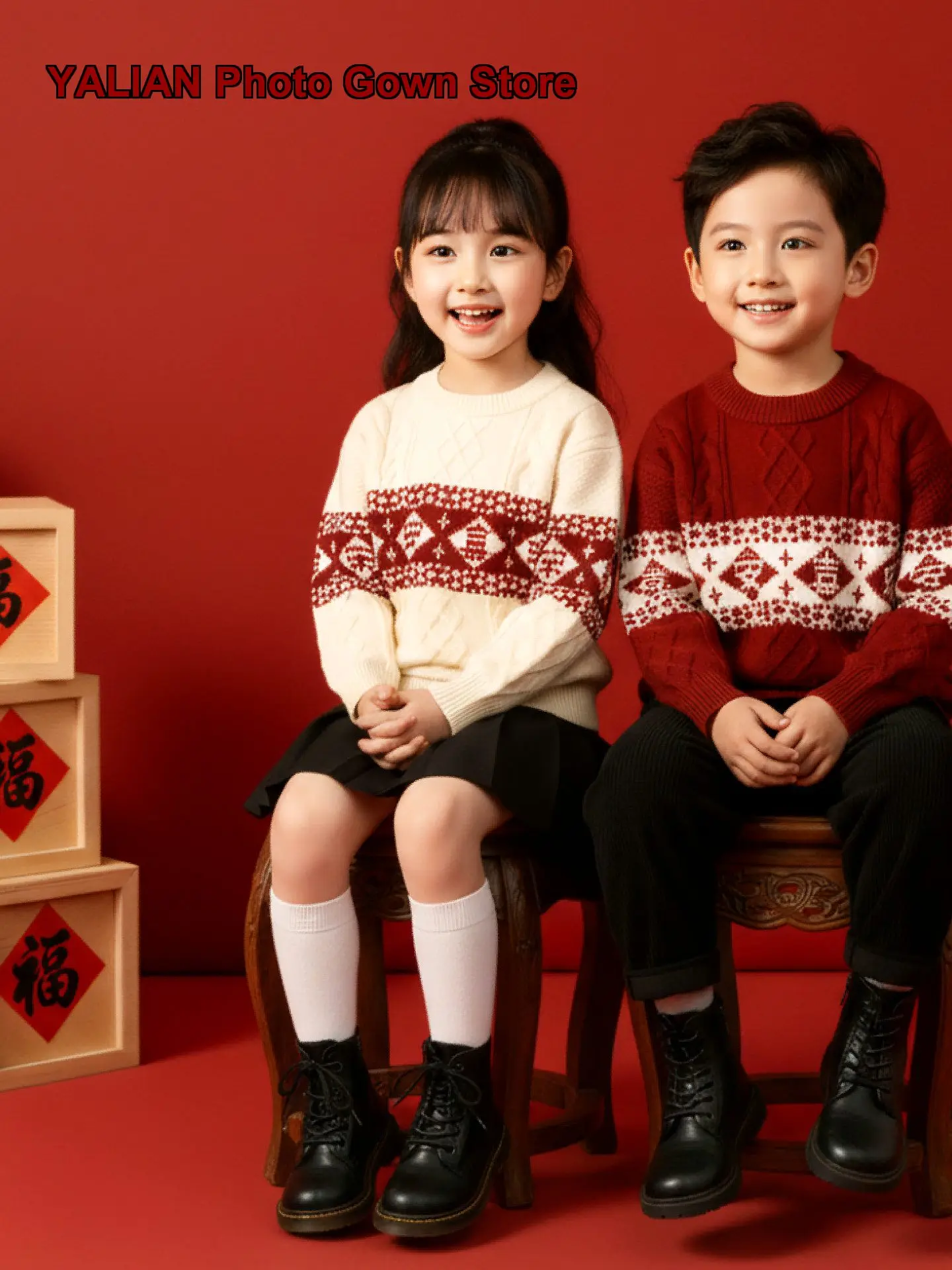 Boys New Year Outfit Kids Festive Knit Top Solid Color Fleece Lined Thickened Warm Soft Girls