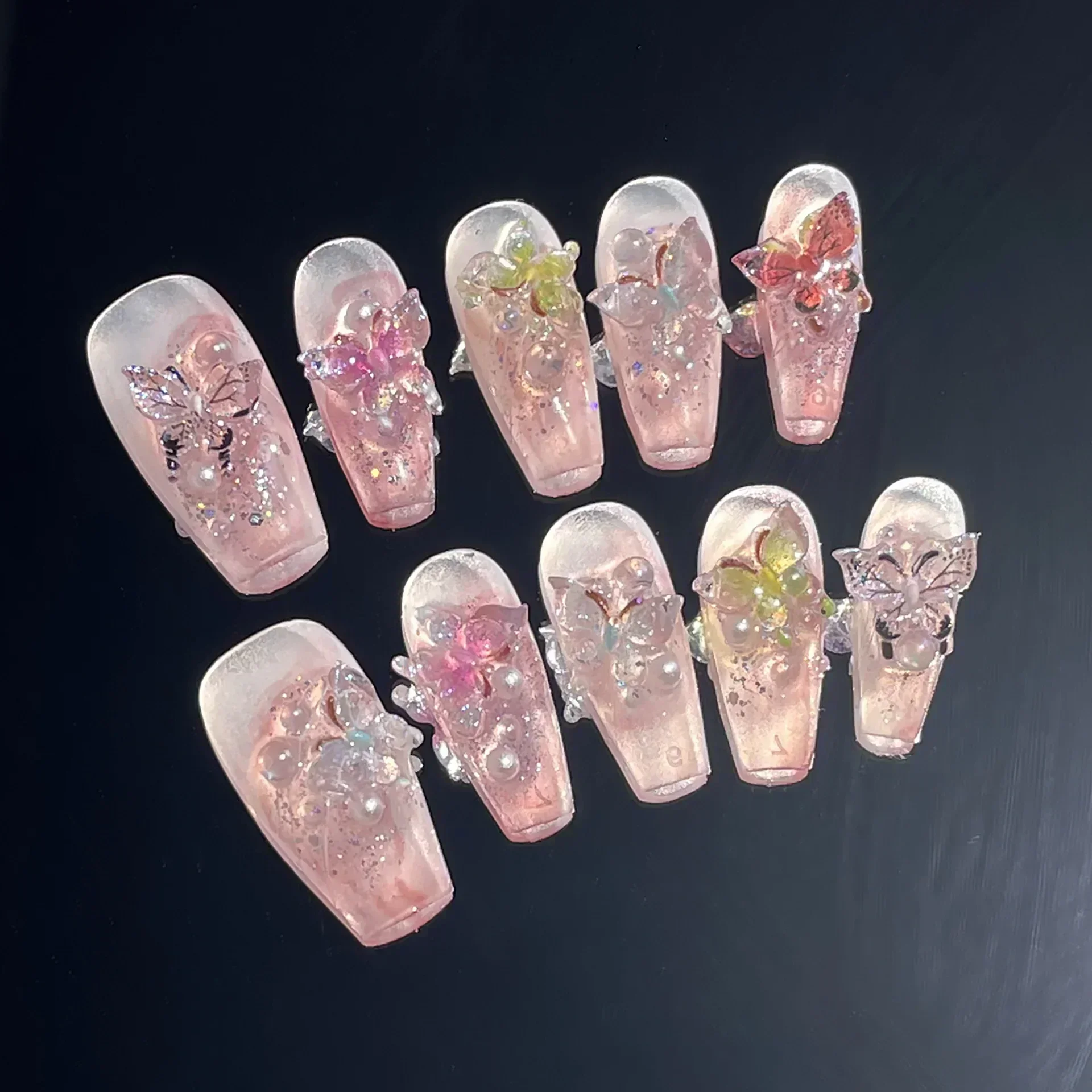 10Pcs Handmade Press on Nails Long Ballet Pink Fake Nails with 3D Camellia Flower Pearl Design False Nails Full Cover Nail Tips