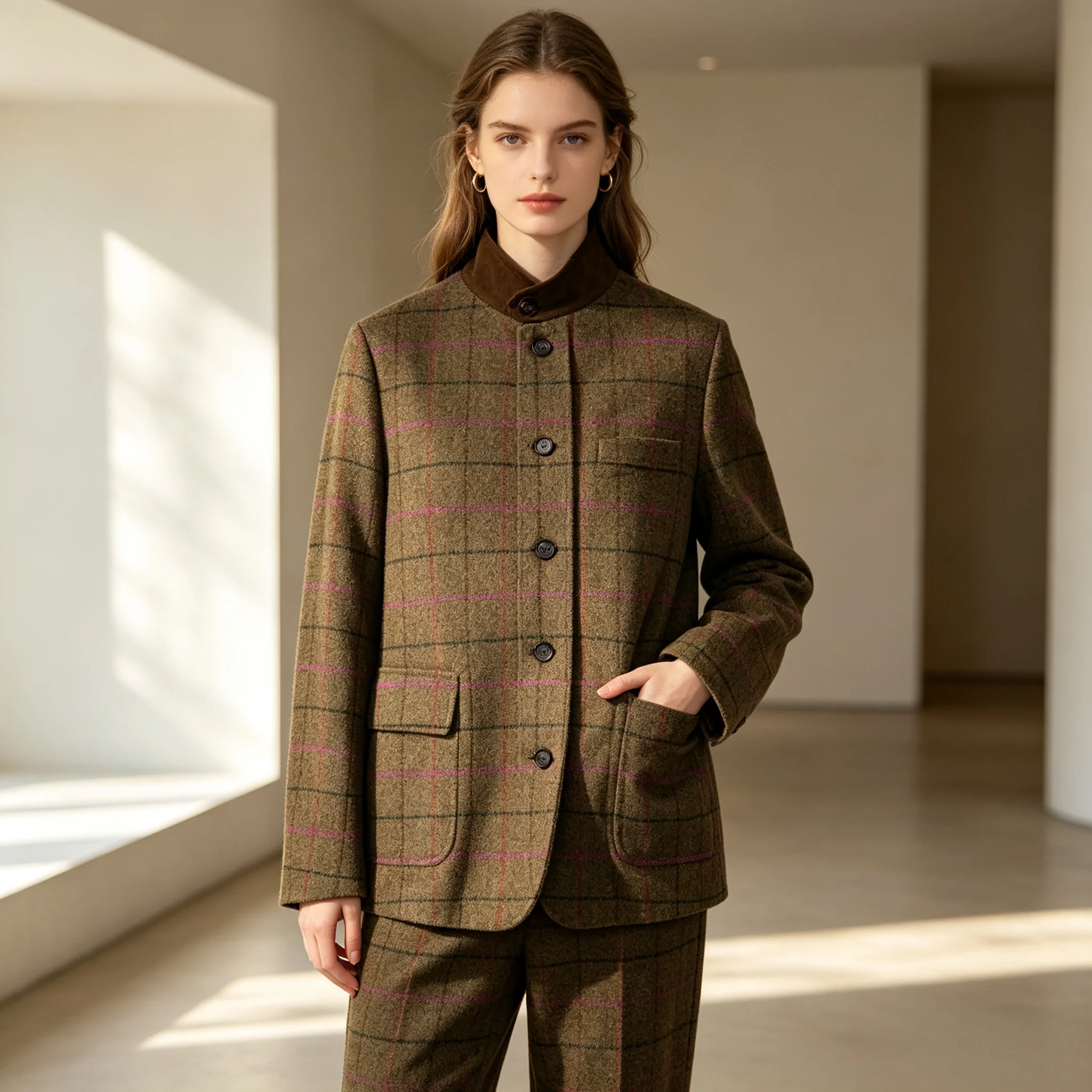 Women's 100%Wool Jacket Commute Style Slim Fit Casual High Collar Suit Simple Design Long Sleeve Button Closure  Plaid Pattern