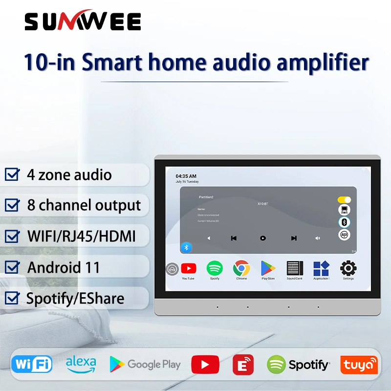 

10-дюймовый музыкальный плеер с сенсорным экраном, Wi-Fi, Android 11, система, 4-зонное аудио, 8x30 Вт, TUYA, управление умным домом, звук в настенном усилителе RJ45