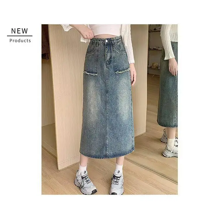 

Retro High Waist Denim Skirt Women's Spring Autumn Casual Sle Slimming A-Line Skirt with Ba Split Mid-Length
