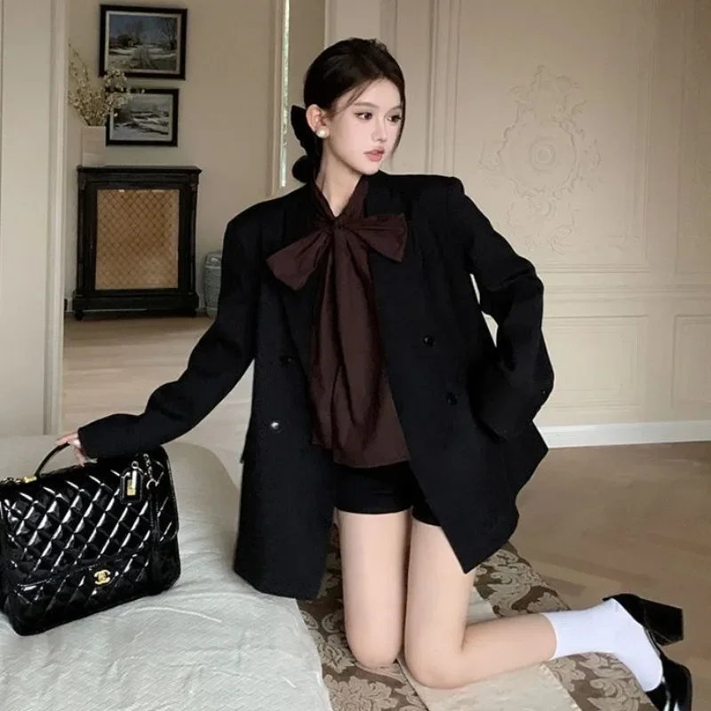 Elegante Vintage Koreanischen Stil Bluse Bogen Verband Chic Luxus Jugendliche Hemd Büro Dame Einfarbig Herbst frauen Kleidung