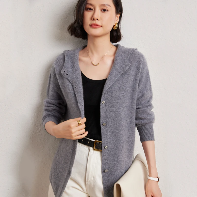 

Модный кардиган из 100% мериносовой шерсти, вязаный свитер с капюшоном, осенне-зимний женский элегантный костюм с длинными рукавами, топы