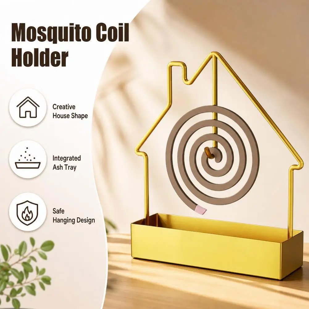 Creative Iron Mosquito Coil Holder House Shape Ins Style Metal Incense Burner Plate with Ash Tray for Home Outdoor Camping