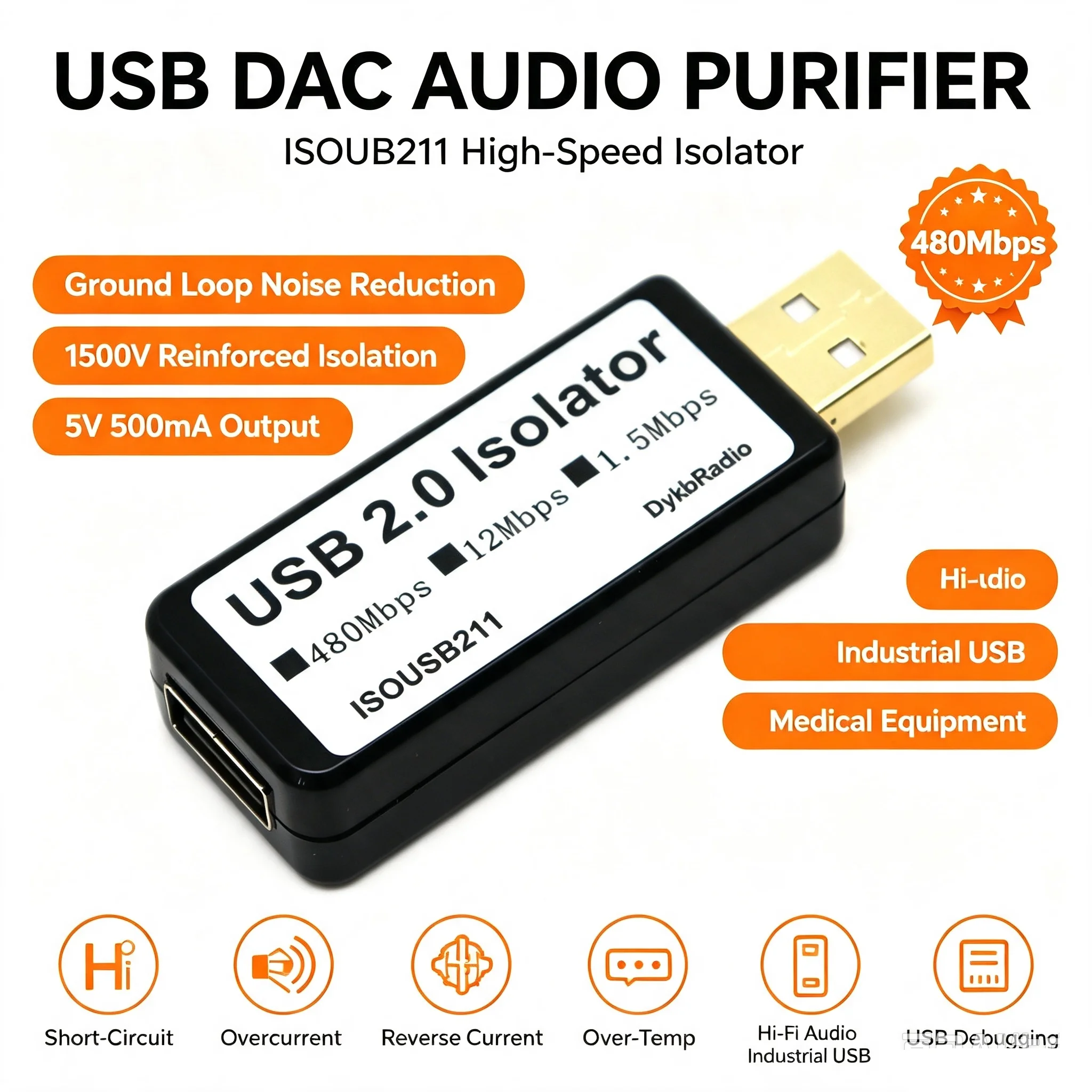 USB 2.0 High-Speed Isolator 480Mbps ISOUSB211 1500V Isolated Repeater For Hi-Fi DAC Audio Ground Loop Noise Filter Sound Card
