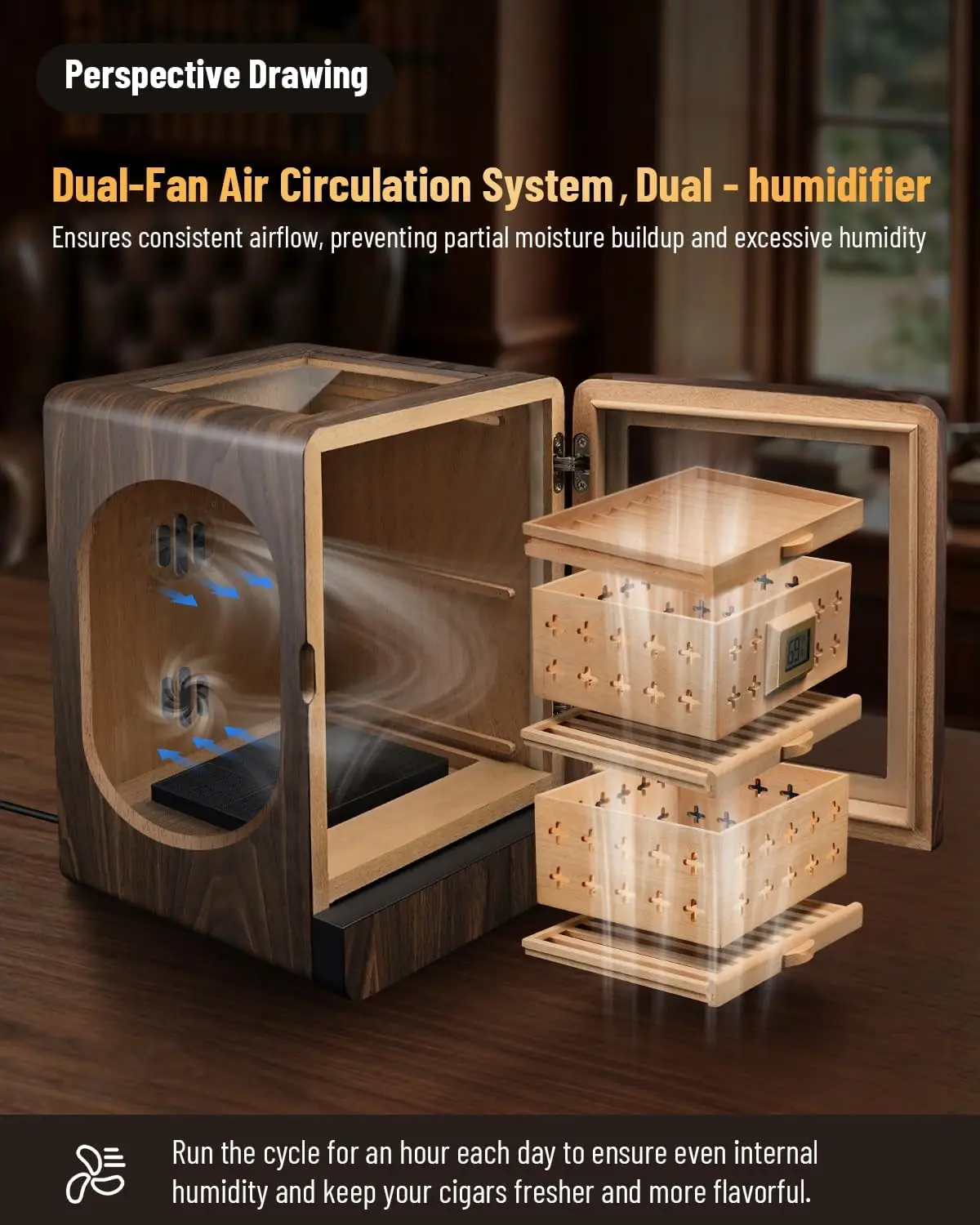^For Electric Cigar Humidor Cabinet with Dual-Fan Air Circulation System | 3 Layers for 80-100 Capacity, Spanish Cedar Wood
