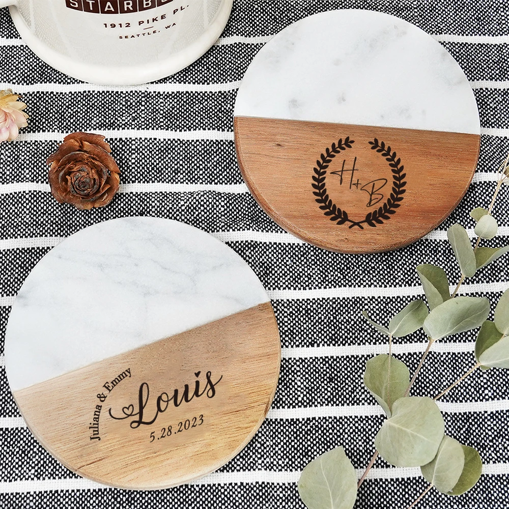 Custom Marble Wood Engraved Coasters Wedding Coaster Personalized Gift for Housewarming Wedding Anniversary House Warming Gift