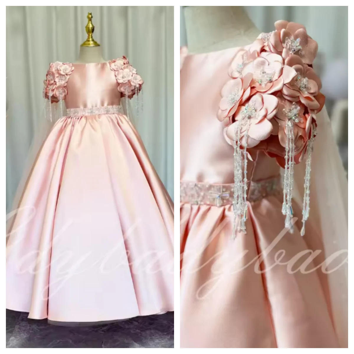 فستان فتاة الزهور لحفلات الزفاف ثلاثية الأبعاد مزين بالخرز من الساتان المطرز بالترتر مطرز الأميرة للأطفال أول حفلة بالتواصل #1