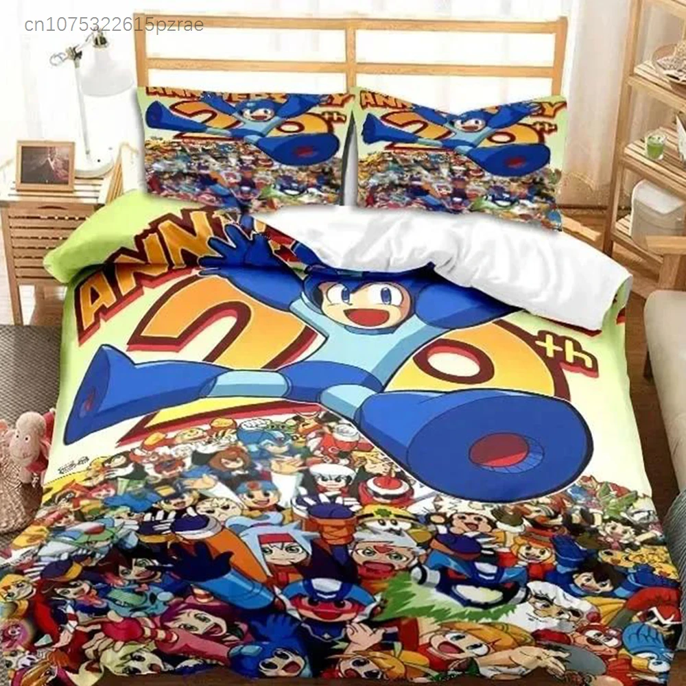Rockman Megaman Game Cartoon Bedding Set Printed With Pillowcase Bed Duvet Cover Soft Queen King Size Bedclothes Home Boys Gift