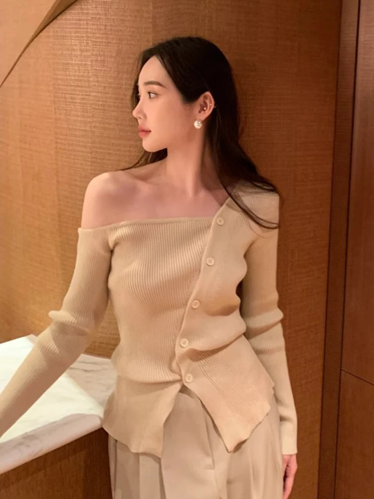 

Ele Autumn Knitted Top oulder Exposure Long Sve Asymmetrical Design Slimming Effect Korean Sle Commute Faion