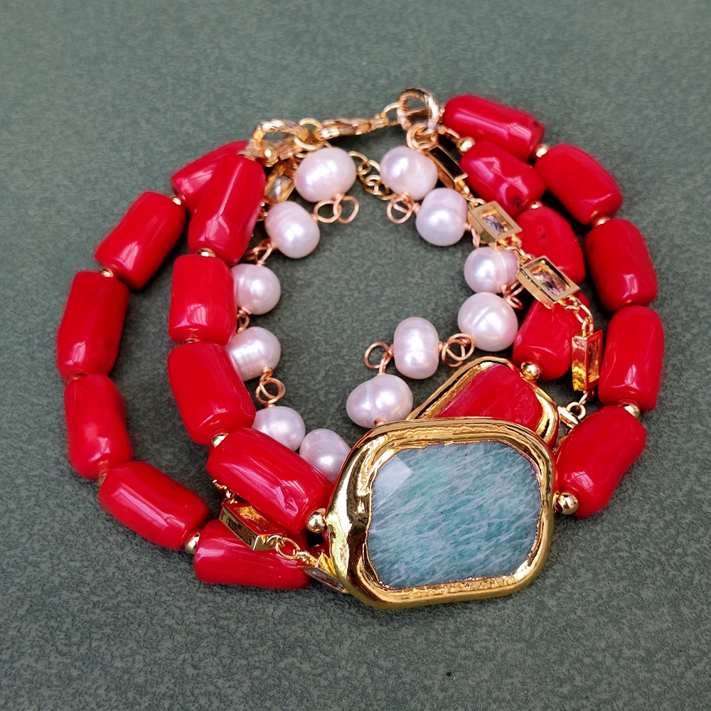 YYGEM 7-8 مللي متر المياه العذبة الأبيض البطاطس اللؤلؤ 15x19 مللي متر المرجان الأحمر امازونيتي الخرز ستراند سوار امرأة بيان أساور