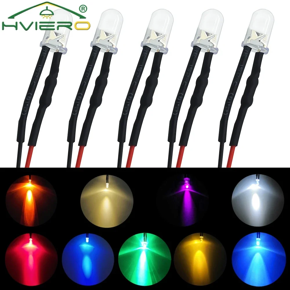 5Pcs F5 5mm Round 20cm Pre Wired DC 12V LED Light Bulb Red Blue Green Yellow White Warm-White Emitting Diodes Lamp Beads Clear