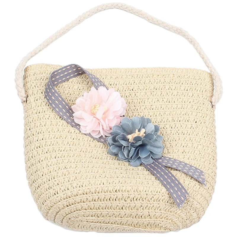 Kid Girls Straw Bag Summer Boho Handbags For Girls Messenger Bag Flower Crossbody Bag Travel Beach Bag, Beige