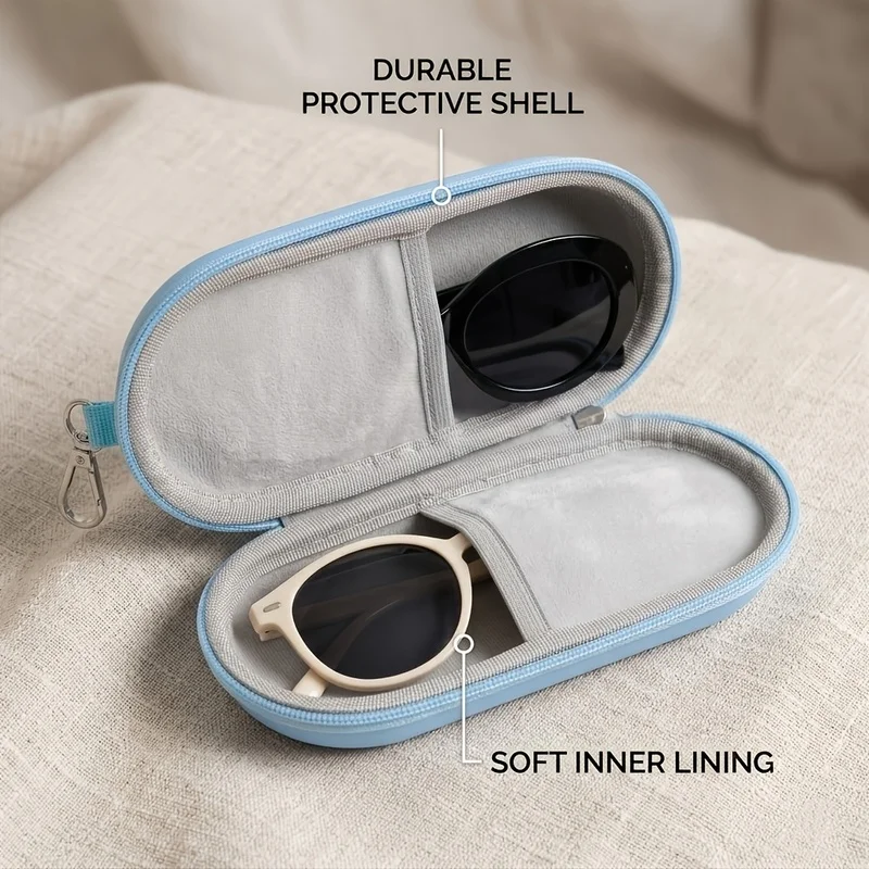 EVA Double Eyeglass Case Hard Shell Dual Compartment Sunglasses Organizer With Carabiner For Travel