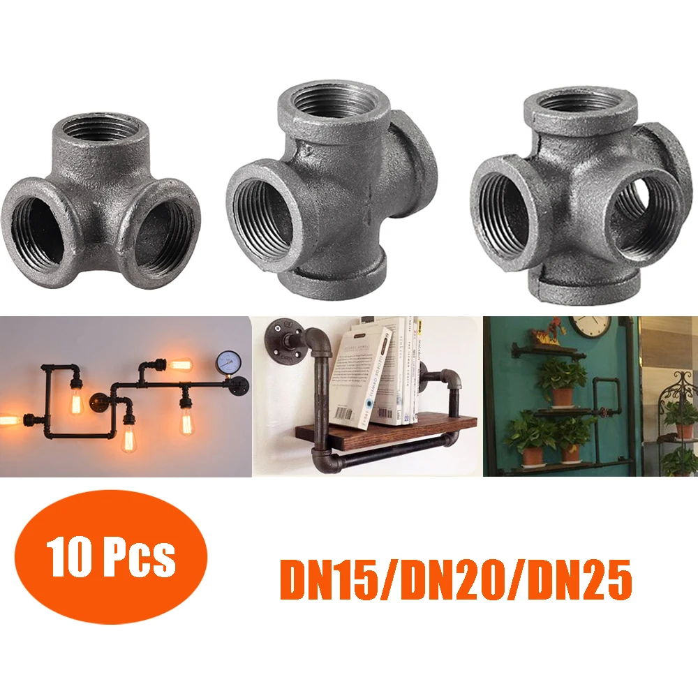 

10 Pcs 1/2" 3/4" 1" 3 Way 4 Way 5 Way Antique Loft Style Black Self Malleable Iron Pipe Fittings Connectors Cast Iron threaded