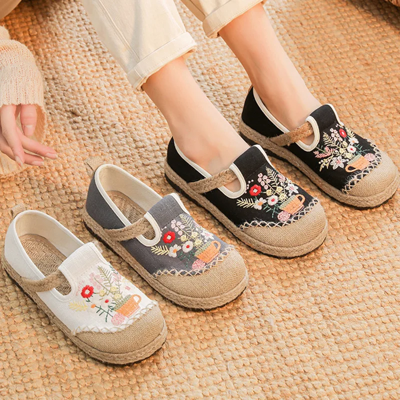 Casual Woman Shoe Female Footwear Round Toe Dress Summer New Lace-Up Fabric Microfiber Flower Ethnic Canvas Leisure PU Spring Pa