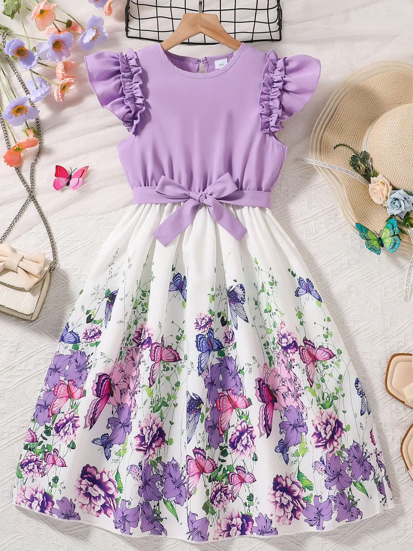 

Lavender Ruffle Sleeve Floral Butterfly Print Cinched Waist Dress