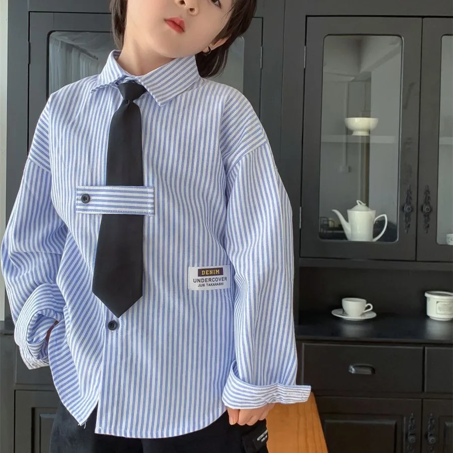 2024 Spring New Kids Vertical Stripes Shirts Boys Turn-down Collar Loose Casual Shirt with Necktie