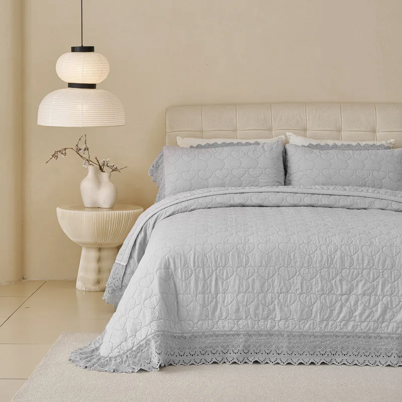 High Quality Embroidered Quilt Set, Solid Color Soft Cotton Sandwashed Quilted Bedspread 3PCS with Lace, Luxury Home Textile 5