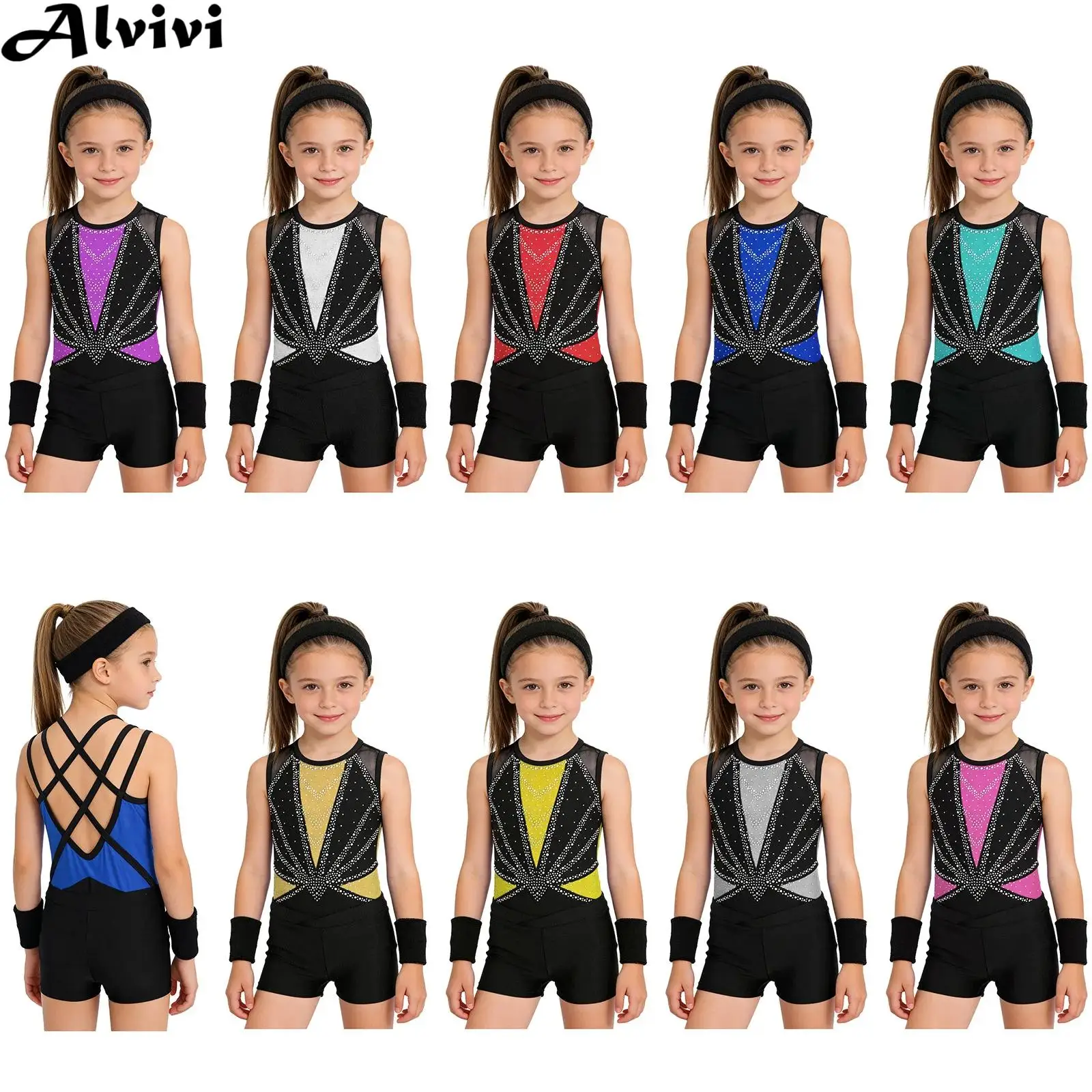 

Girls Ballet Acrobatics Gymnastics Skating Leotard with Shorts Headband Wristbands Kids Dance Sports Workout Fitness Outfit