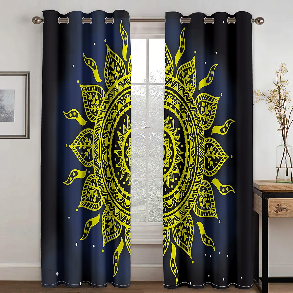 3D Print Bohemian Psychedelic Alien Style 2 Panel Thin Semi-Shading Polyester Window Curtain for Bedroom Living Room Decor Hooks