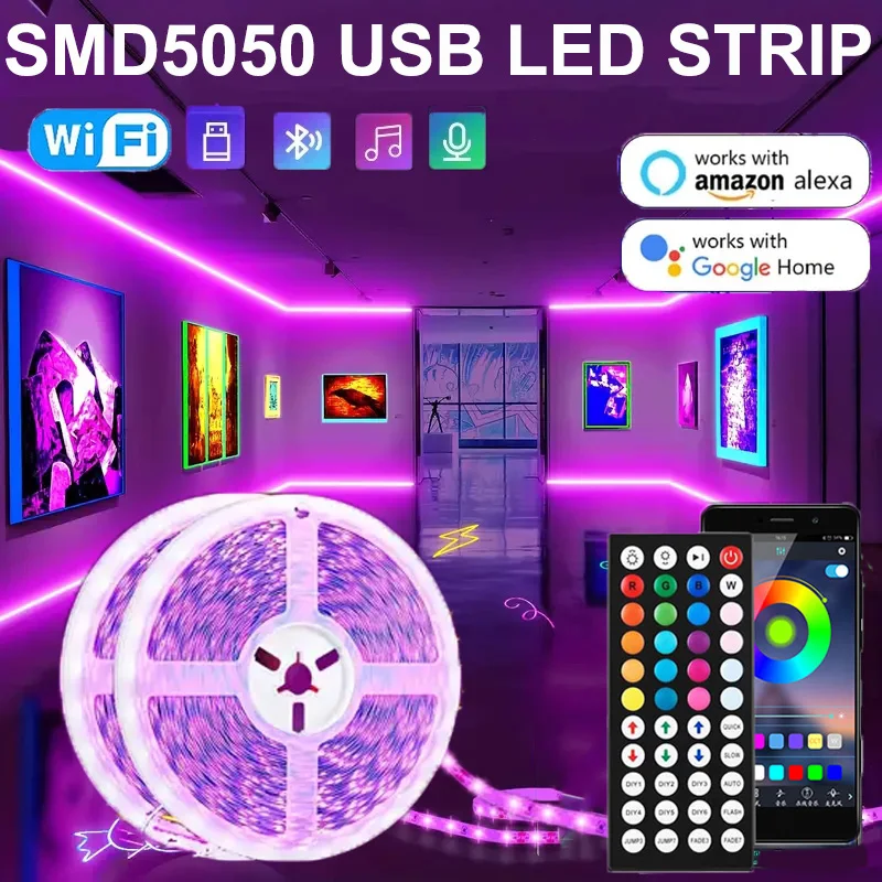 Bande lumineuse LED USB RGB 5050, 1-30m, Bluetooth, Wifi, éclairage pour fête, PC, TV, salon