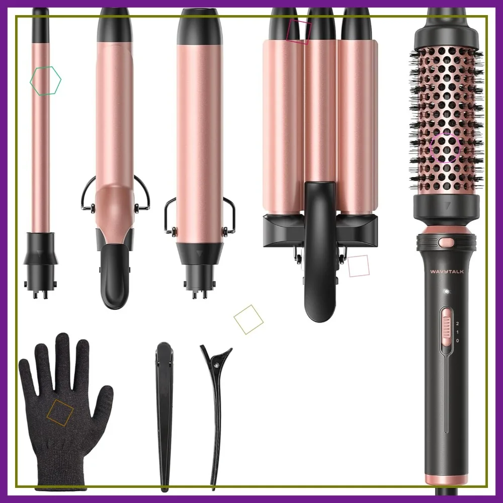 

5 in 1 Curling Wand Set, Dual Voltage Curling Iron with 5 Interchangeable Barrels, Thermal Brush & Hair Crimper, Rose Pink