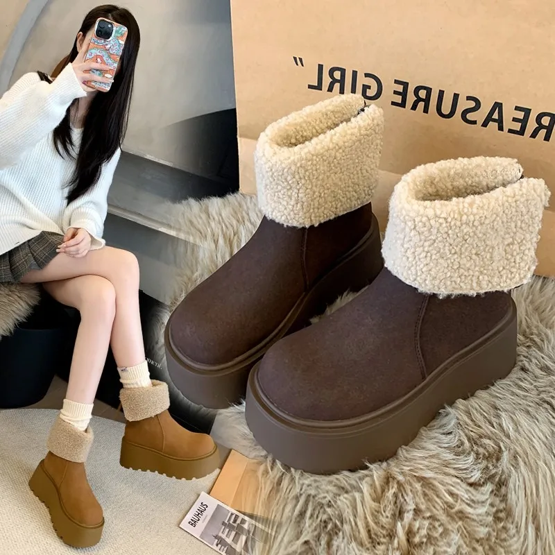 Round Toe Flat with Solid Snow Boots Zip Ladies Shoes 2024 High Quality Turned Over Edge Ankle High Heel Novelty Women's Boots