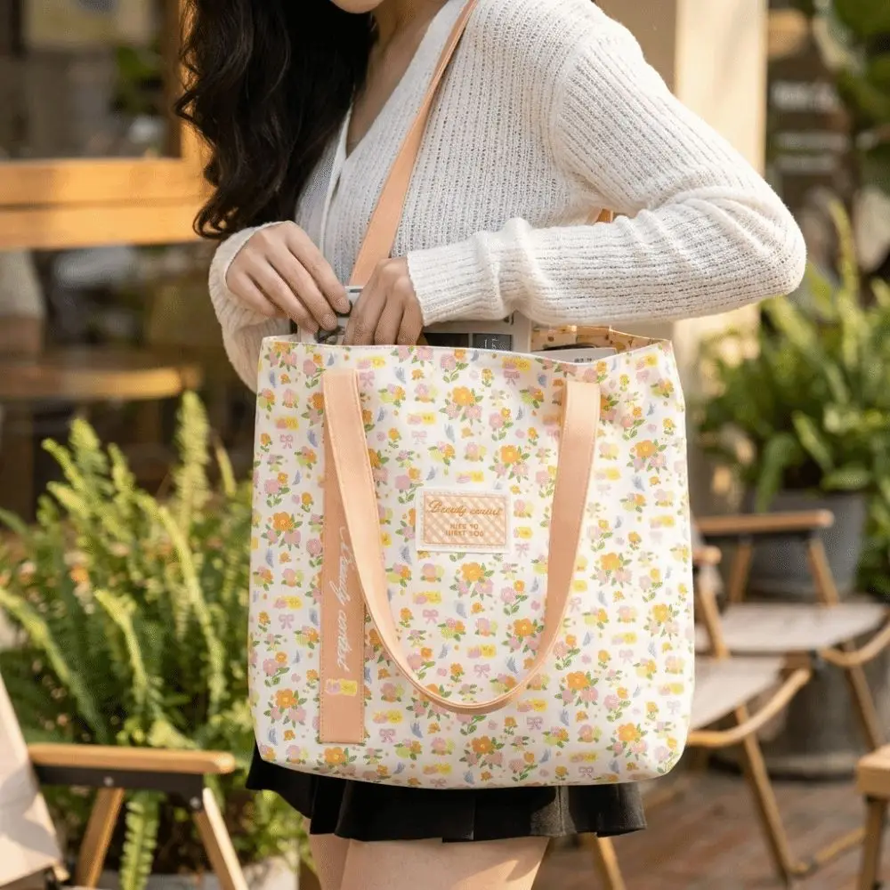 Cute Flower Print Canvas Bag Reusable Large Capacity Tote Bag Versatile Lightweight Lunch Bag Work